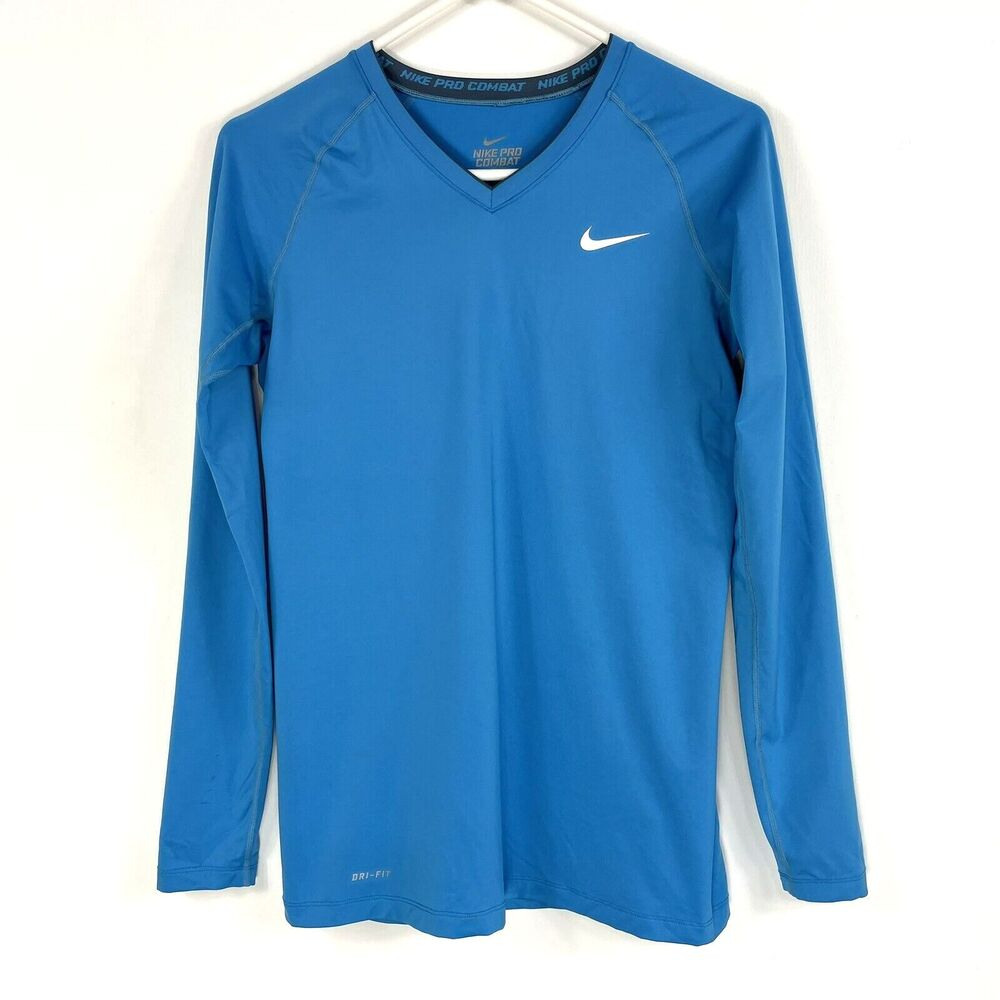 Nike Womens Top Size Medium Pro Combat Dri-Fit‎ Long Sleeve Shirt Fitted Blue